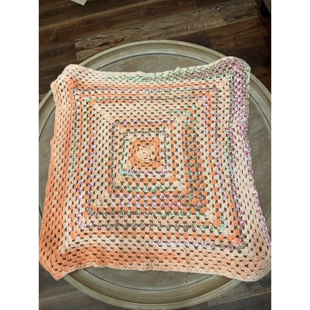 Handmade Crochet Granny Square Baby Blanket Peach Pink Green Multi Color 24x24